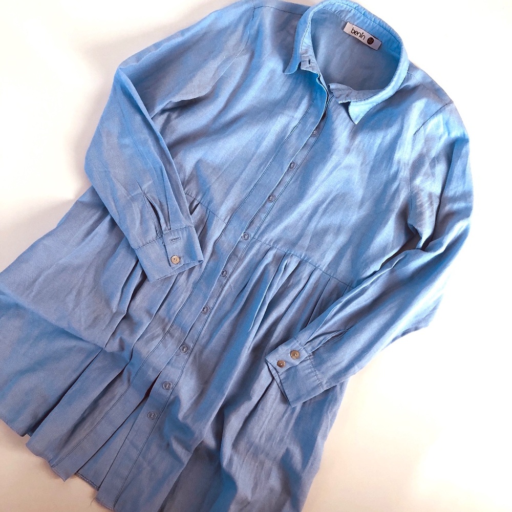 Benin Light Blue Shirt Dress With Collar - Size 8